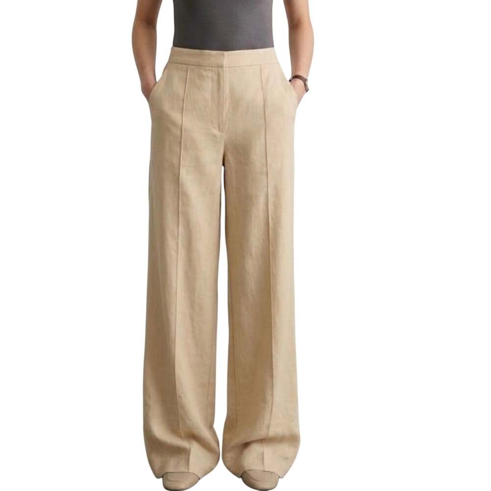 COS Linen Pin-Tucked Wide Leg High Rise Pant Tan Beige Khaki 8